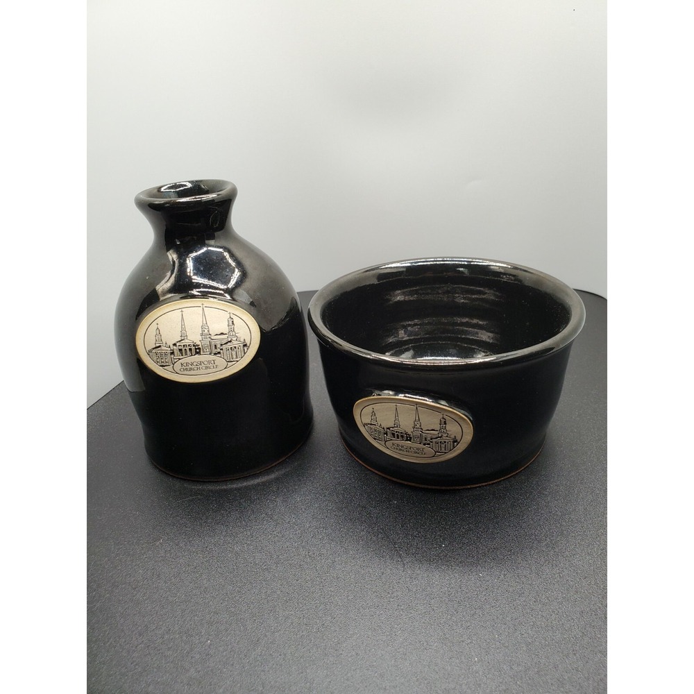 2 pieces Sunset Hill stoneware Jug and bowl black Kingsport Church Circle USA